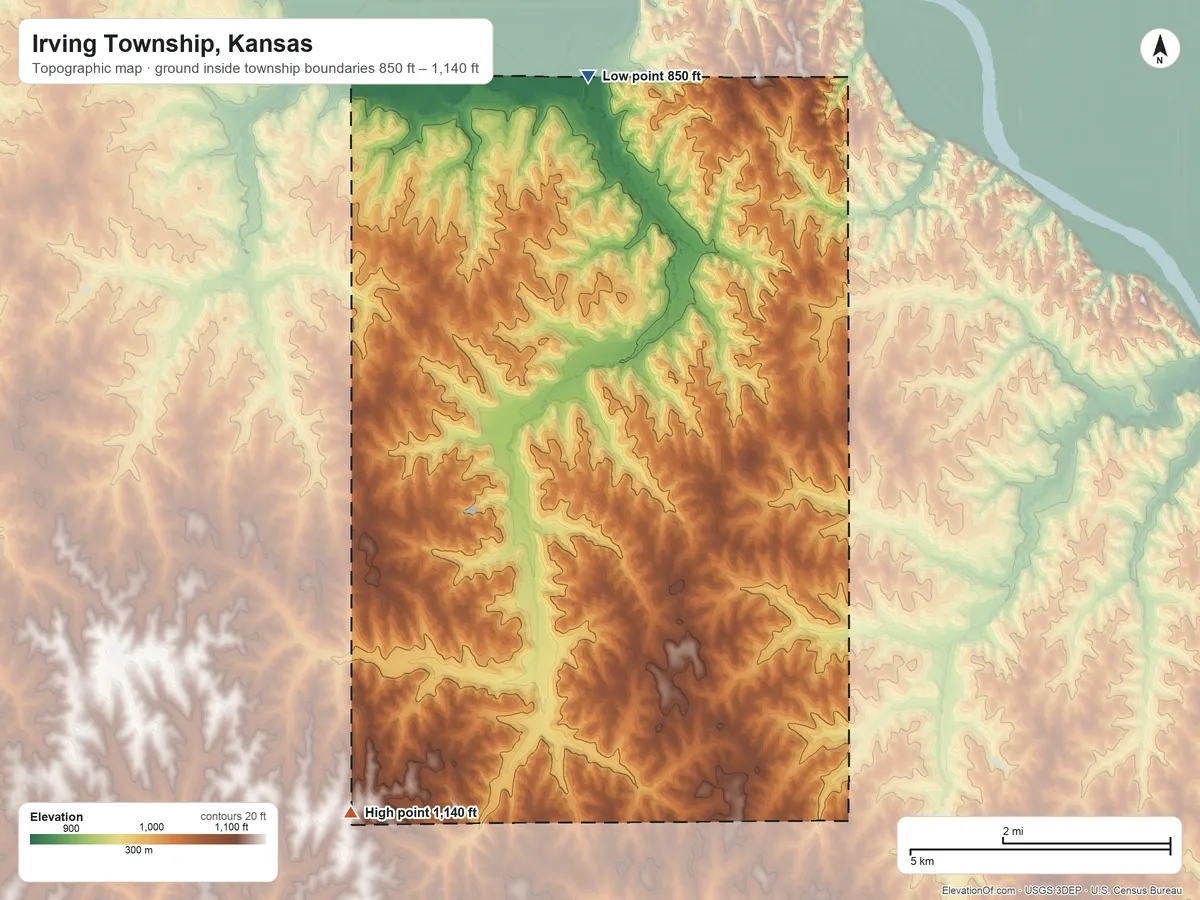 Topographic elevation map of Irving Township, Kansas, shaded from 850 ft on the north side to 1,140 ft on the southwest side
