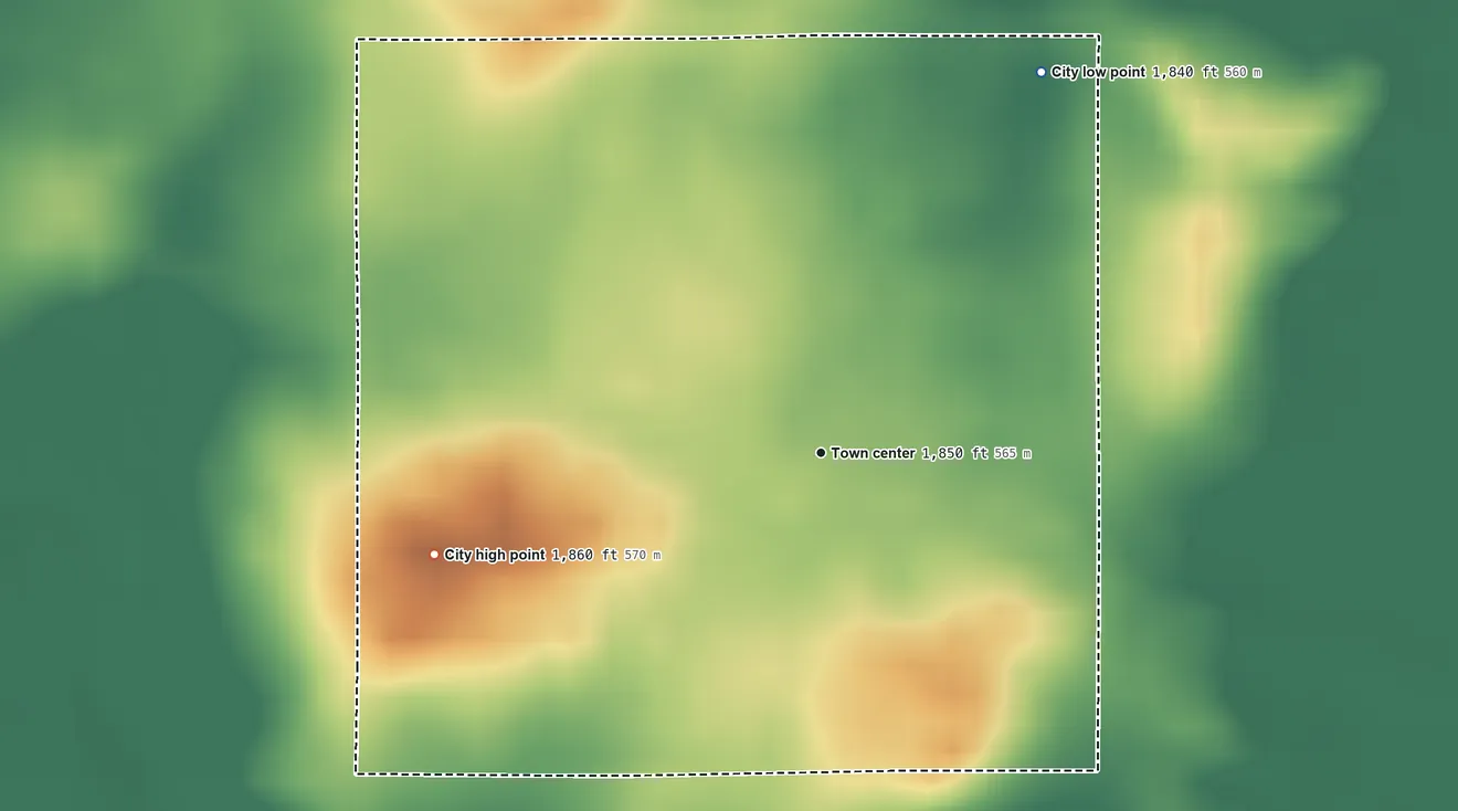 Topographic elevation map of Isabel, Kansas, shaded from 1,840 ft on the northeast side to 1,860 ft on the west side