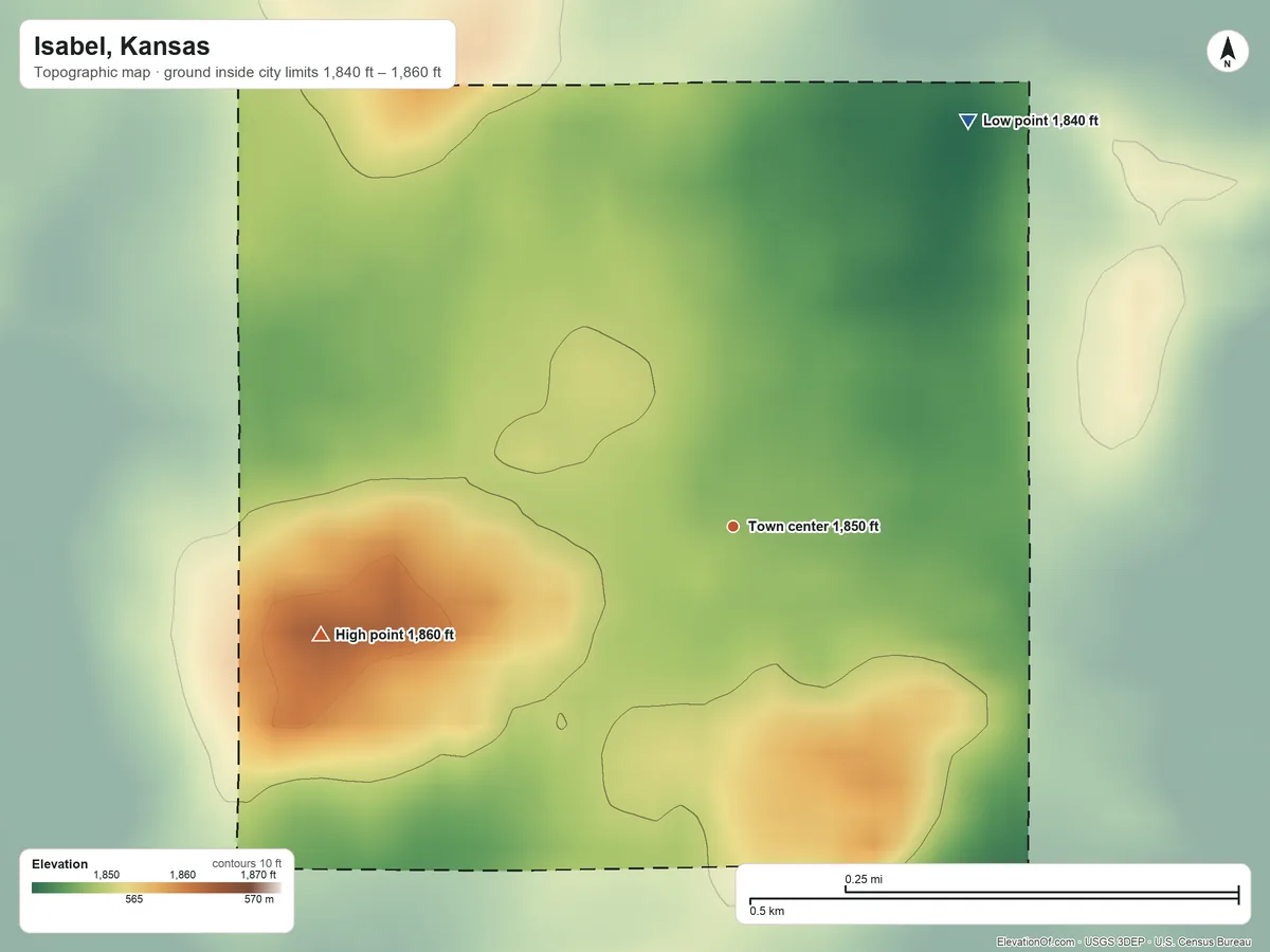 Topographic elevation map of Isabel, Kansas, shaded from 1,840 ft on the northeast side to 1,860 ft on the west side