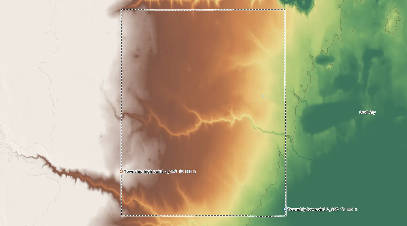 Topographic elevation map of Isbel Township, Kansas, shaded from 2,960 ft on the southeast side to 3,170 ft on the southwest side