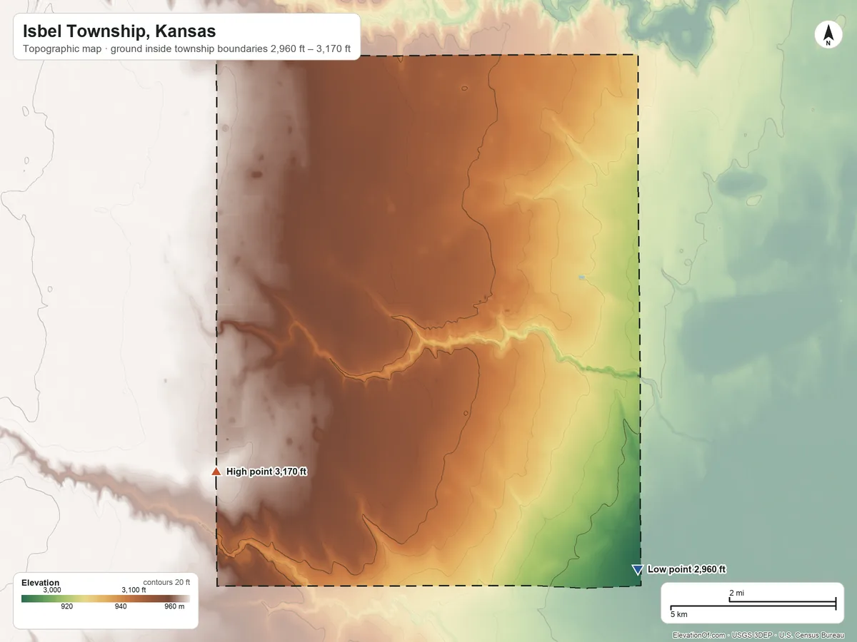 Topographic elevation map of Isbel Township, Kansas, shaded from 2,960 ft on the southeast side to 3,170 ft on the southwest side