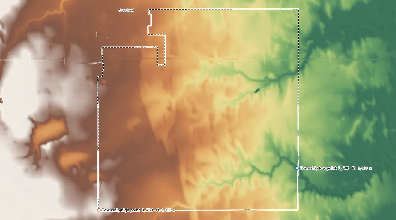 Topographic elevation map of Itasca Township, Kansas, shaded from 3,580 ft on the southeast side to 3,730 ft on the south side