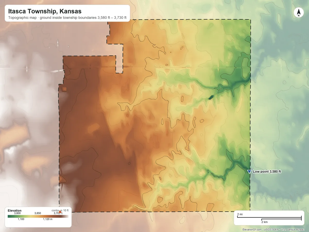 Topographic elevation map of Itasca Township, Kansas, shaded from 3,580 ft on the southeast side to 3,730 ft on the south side