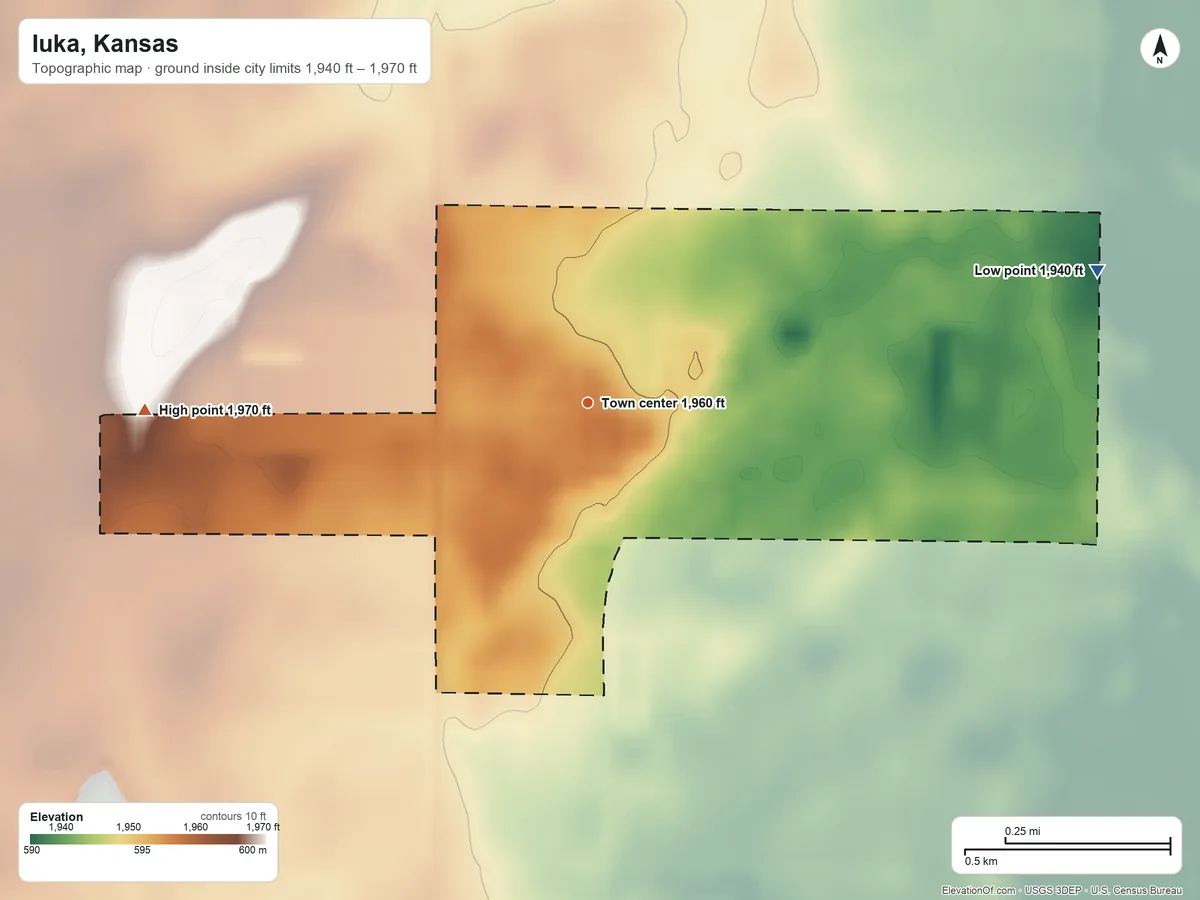 Topographic elevation map of Iuka, Kansas, shaded from 1,940 ft on the east side to 1,970 ft on the west side