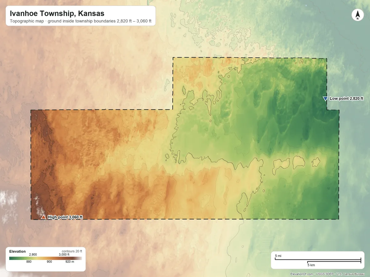 Topographic elevation map of Ivanhoe Township, Kansas, shaded from 2,820 ft on the east side to 3,060 ft on the southwest side