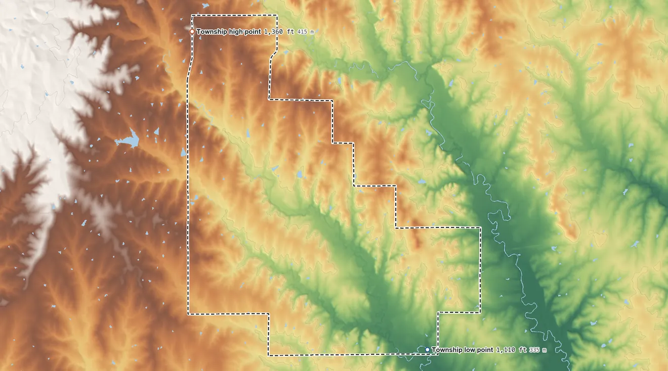 Topographic elevation map of Ivy Township, Kansas, shaded from 1,110 ft on the southeast side to 1,360 ft on the north side