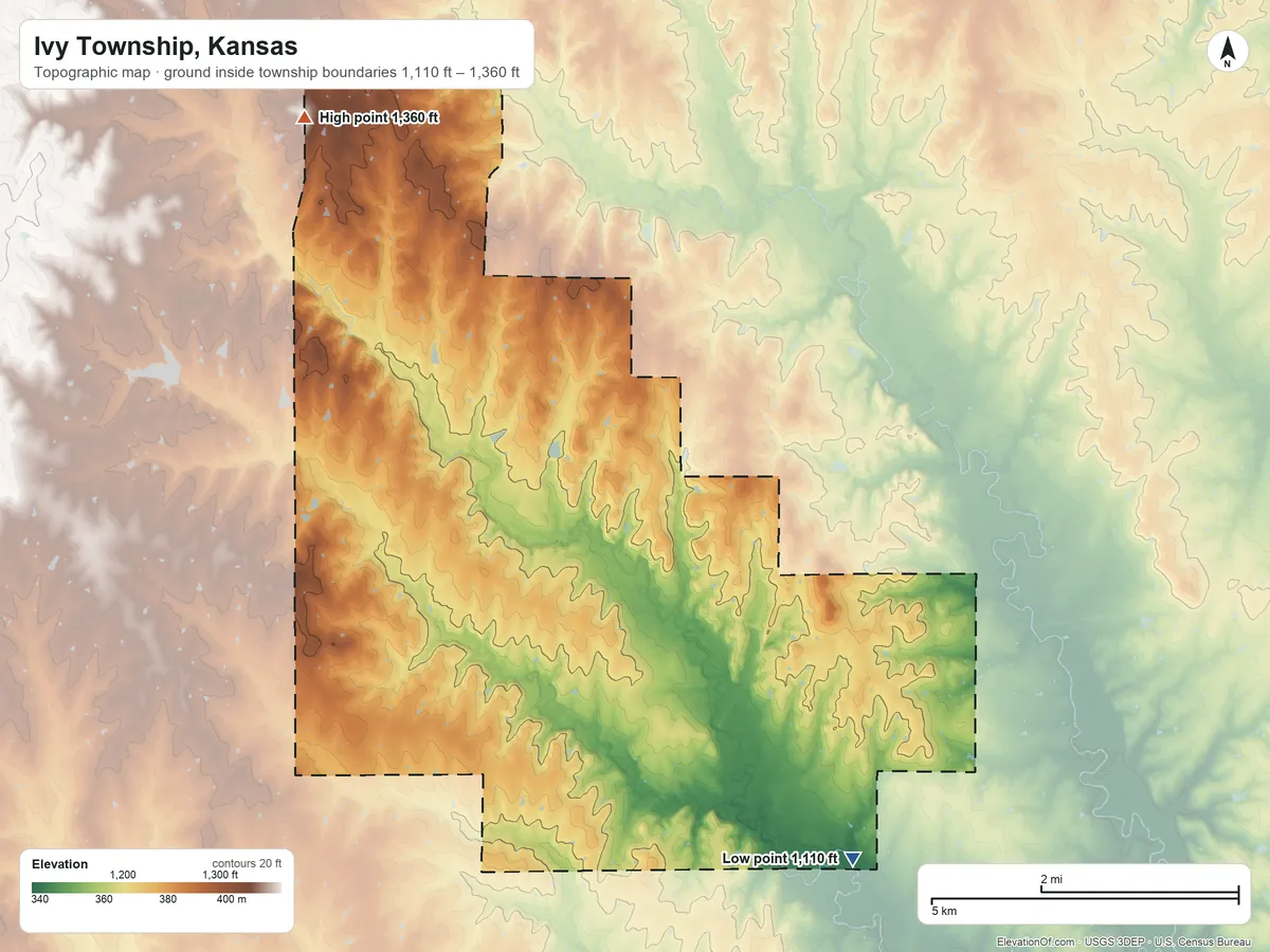 Topographic elevation map of Ivy Township, Kansas, shaded from 1,110 ft on the southeast side to 1,360 ft on the north side