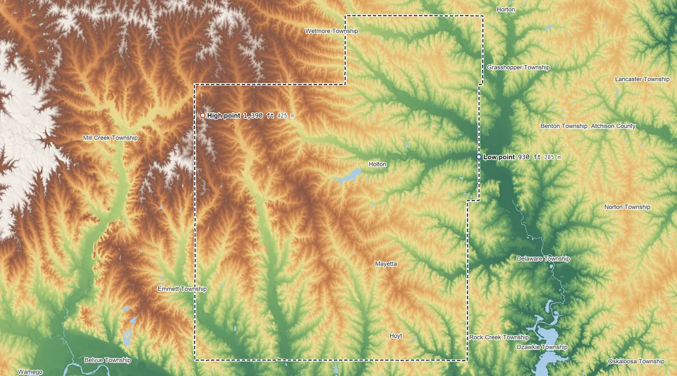 Topographic elevation map of Jackson County, Kansas, shaded from 930 ft on the east side to 1,390 ft on the northwest side