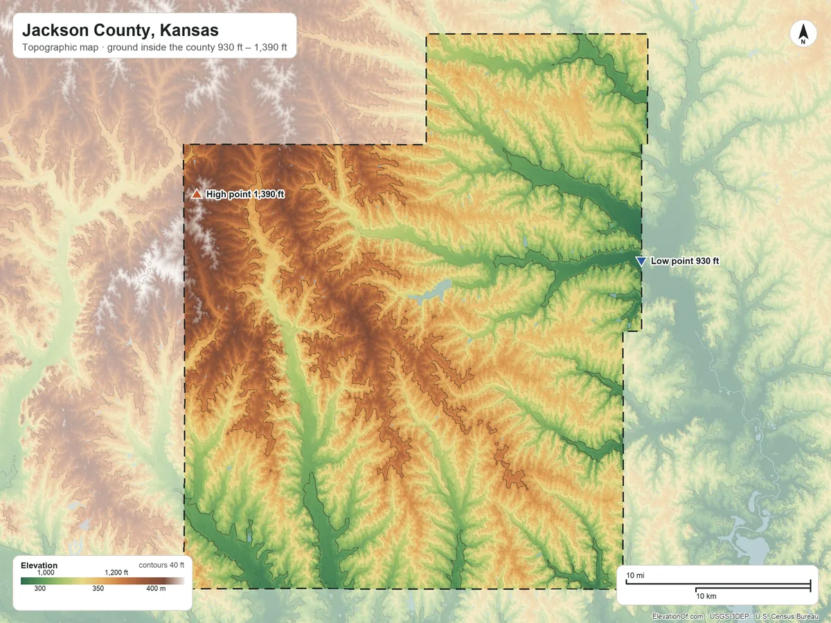 Topographic elevation map of Jackson County, Kansas, shaded from 930 ft on the east side to 1,390 ft on the northwest side