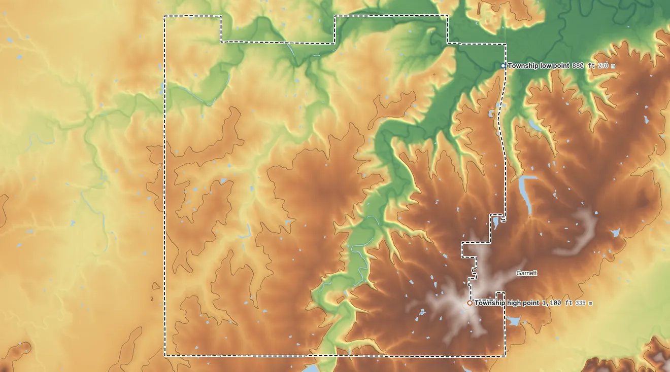 Topographic elevation map of Jackson Township, Anderson County, Kansas, shaded from 880 ft on the northeast side to 1,100 ft on the southeast side