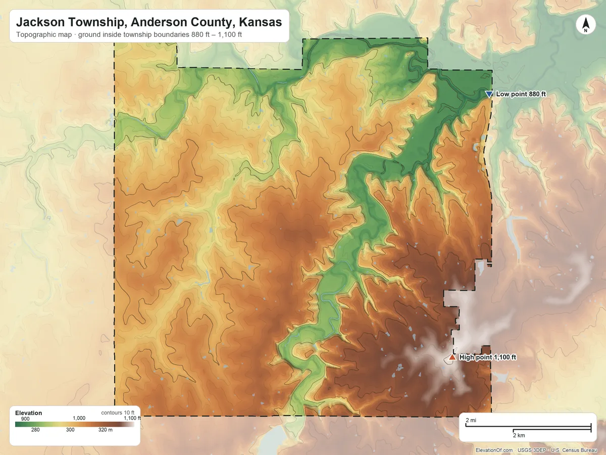 Topographic elevation map of Jackson Township, Anderson County, Kansas, shaded from 880 ft on the northeast side to 1,100 ft on the southeast side