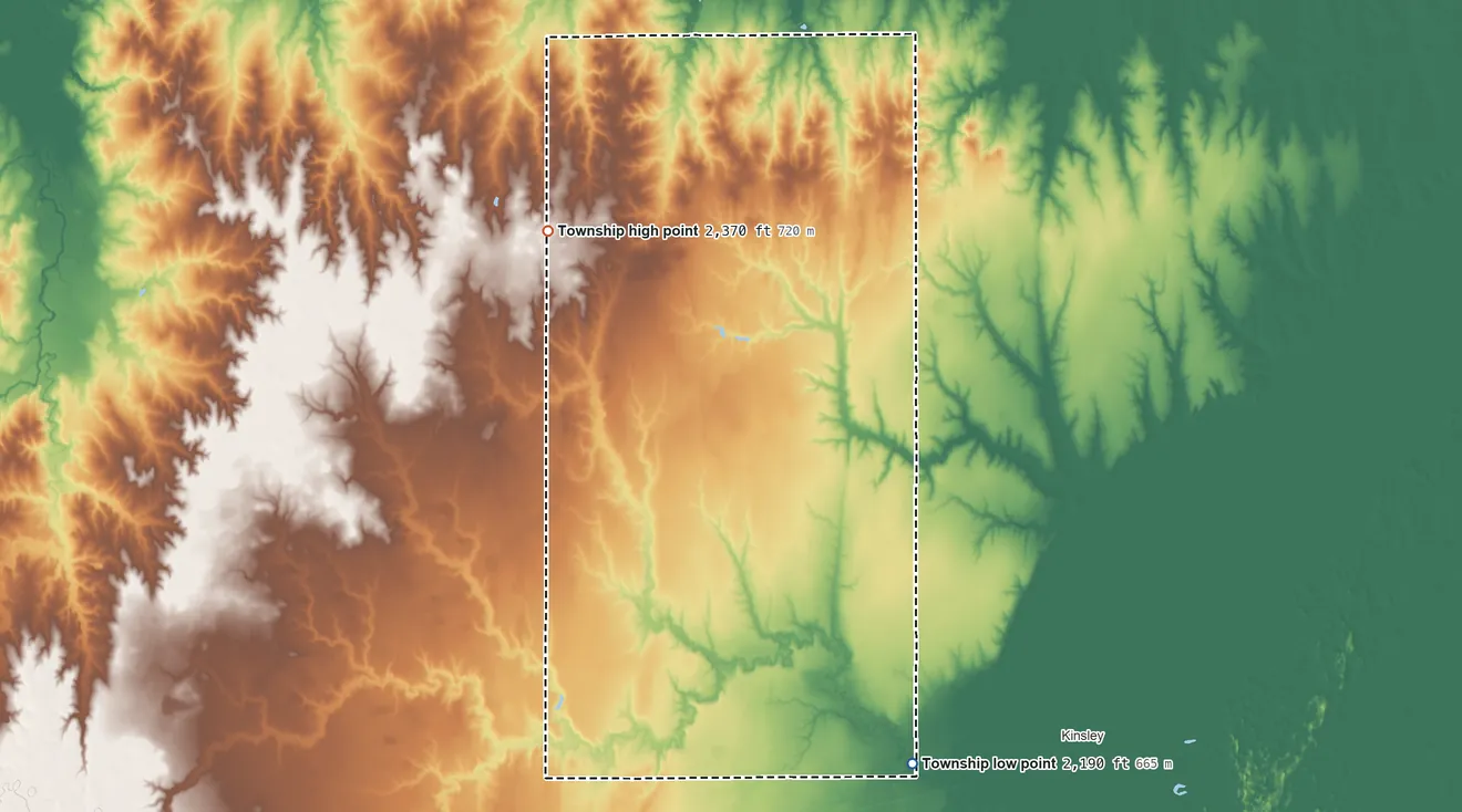 Topographic elevation map of Jackson Township, Edwards County, Kansas, shaded from 2,190 ft on the southeast side to 2,370 ft on the north side