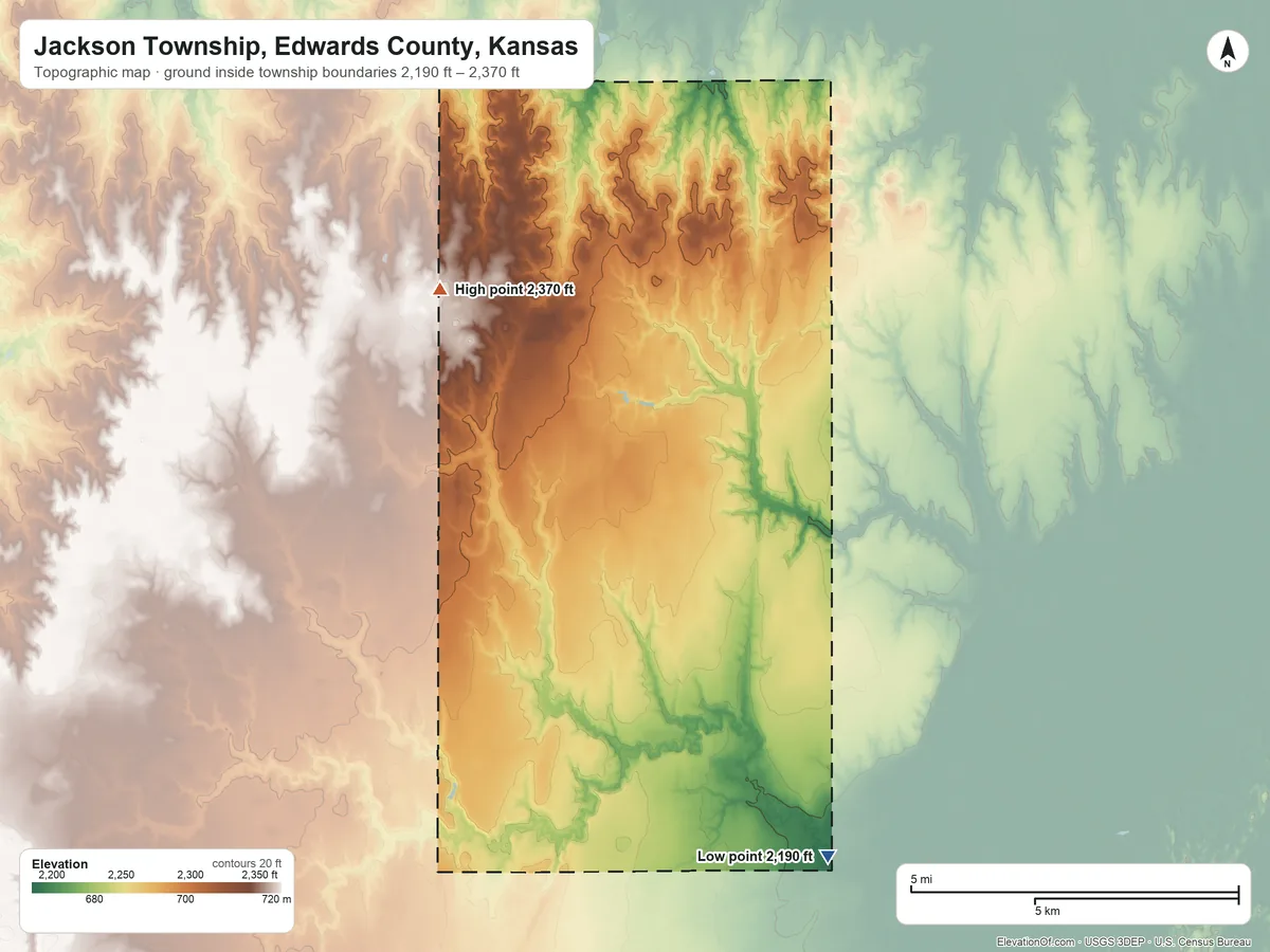 Topographic elevation map of Jackson Township, Edwards County, Kansas, shaded from 2,190 ft on the southeast side to 2,370 ft on the north side