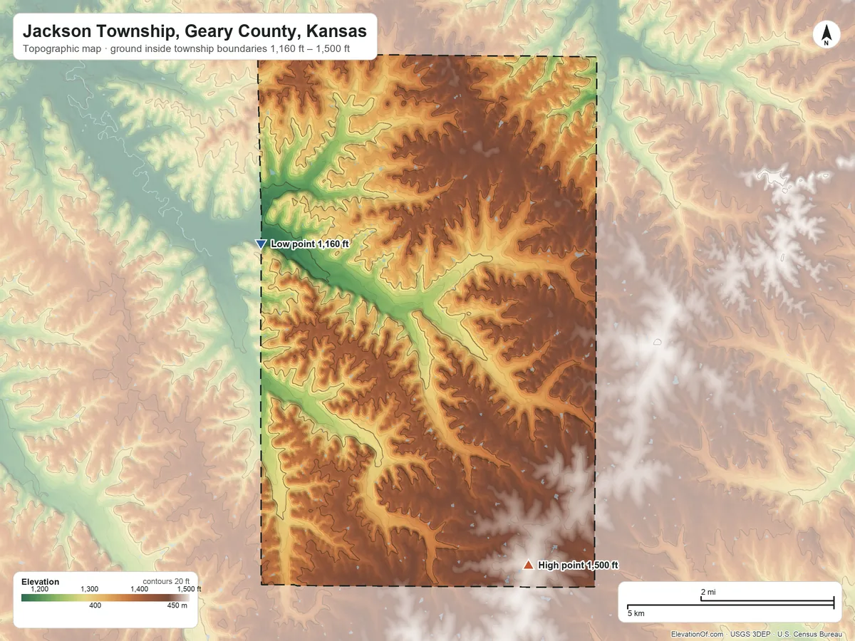 Topographic elevation map of Jackson Township, Geary County, Kansas, shaded from 1,160 ft on the north side to 1,500 ft on the southeast side