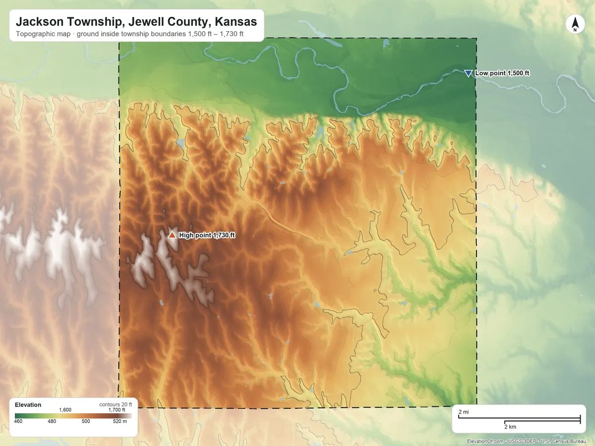 Topographic elevation map of Jackson Township, Jewell County, Kansas, shaded from 1,500 ft on the northeast side to 1,730 ft on the north side