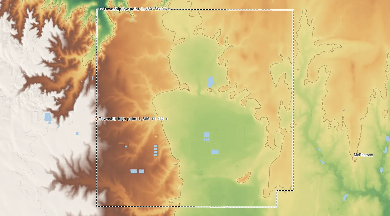 Topographic elevation map of Jackson Township, McPherson County, Kansas, shaded from 1,450 ft on the northwest side to 1,580 ft on the west side