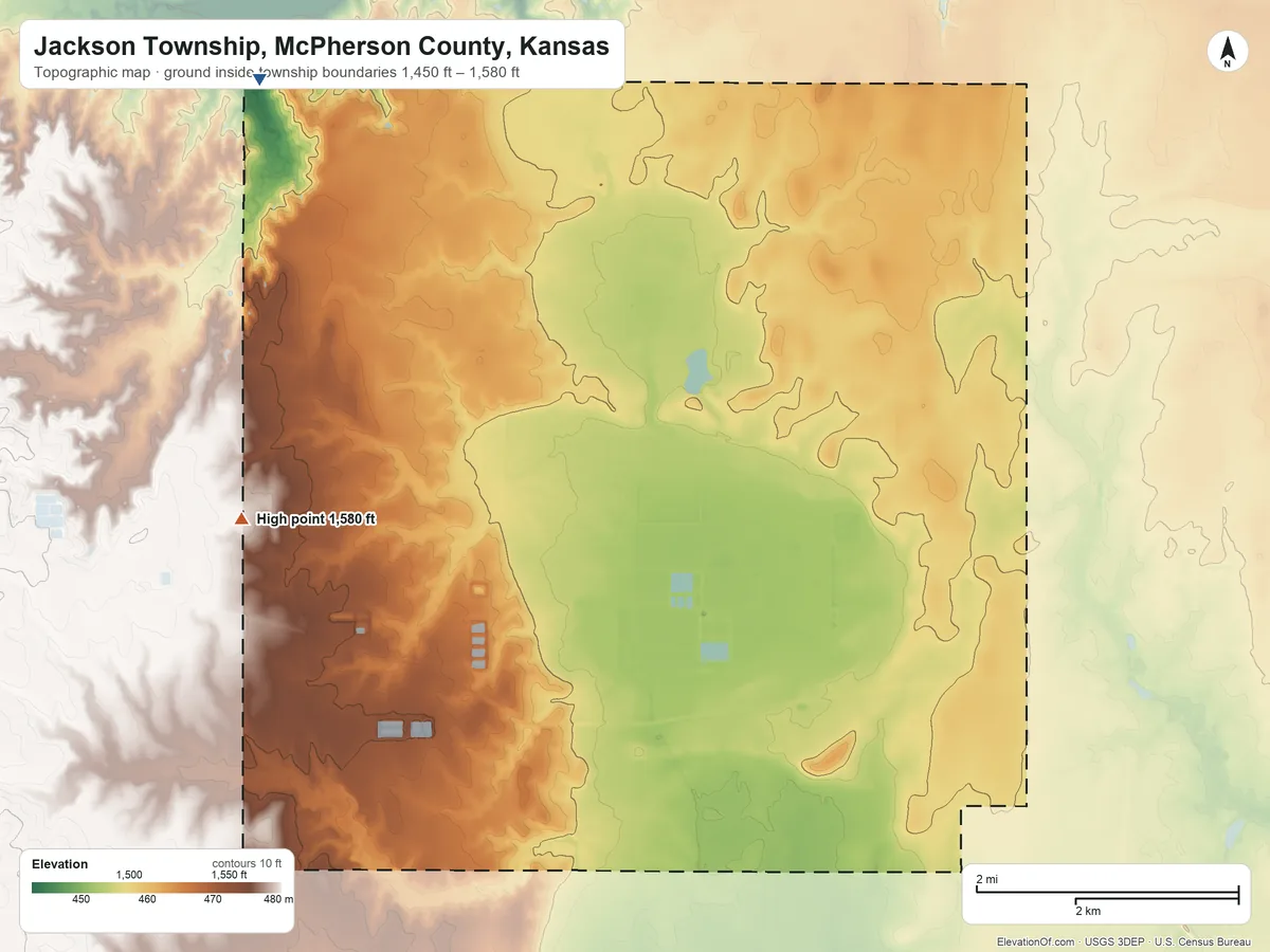 Topographic elevation map of Jackson Township, McPherson County, Kansas, shaded from 1,450 ft on the northwest side to 1,580 ft on the west side