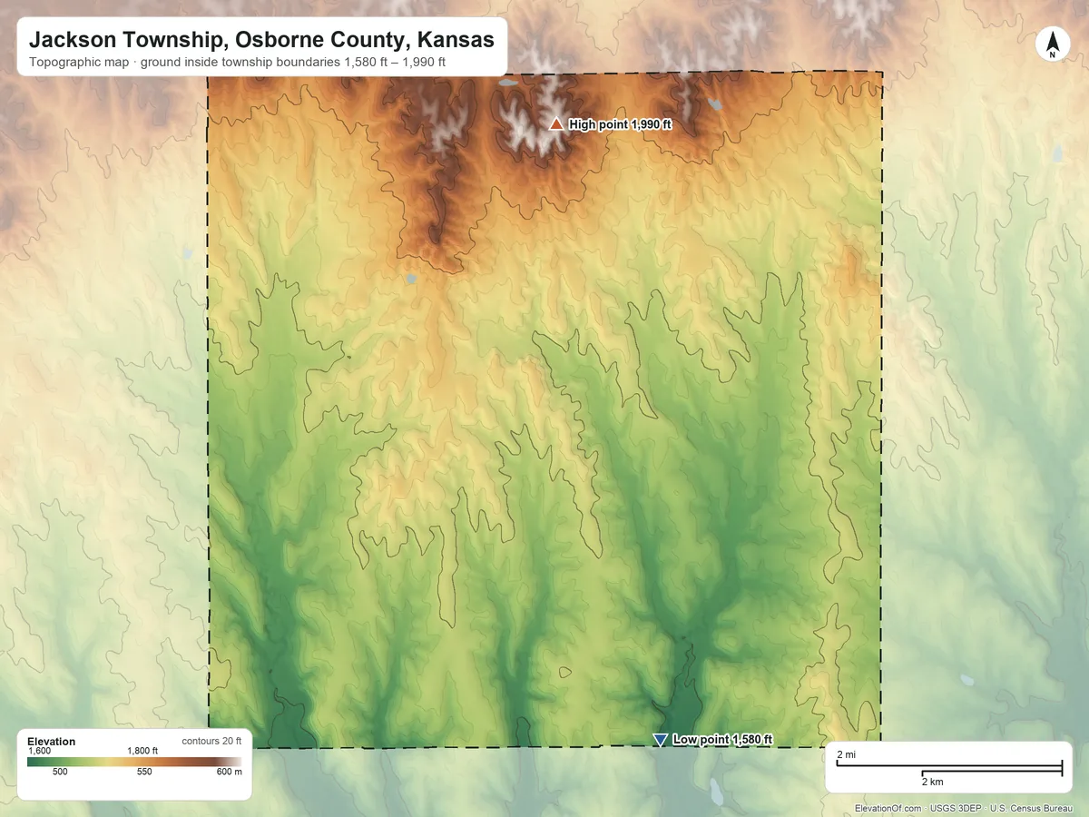 Topographic elevation map of Jackson Township, Osborne County, Kansas, shaded from 1,580 ft on the south side to 1,990 ft on the northwest side
