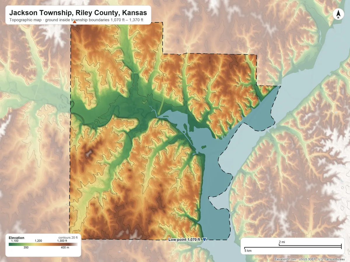 Topographic elevation map of Jackson Township, Riley County, Kansas, shaded from 1,070 ft on the southeast side to 1,370 ft on the northwest side