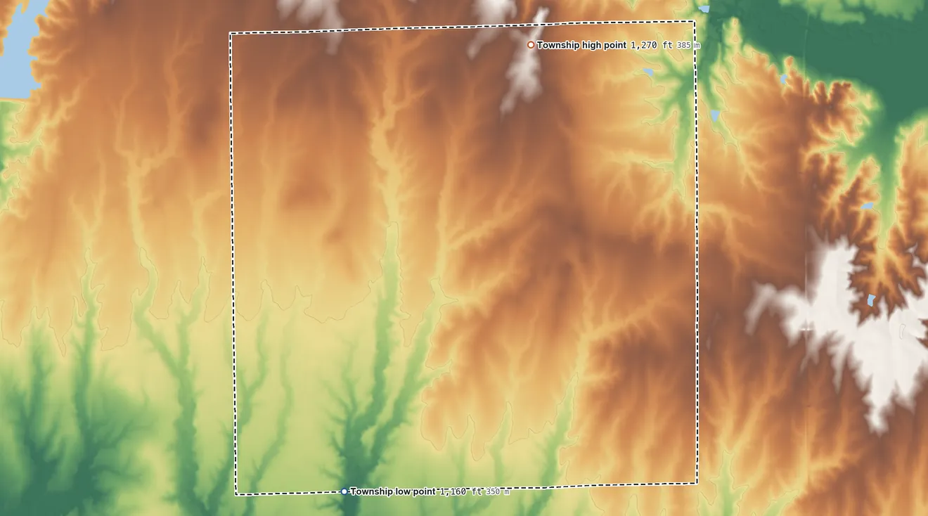 Topographic elevation map of Jackson Township, Sumner County, Kansas, shaded from 1,160 ft on the southwest side to 1,270 ft on the north side