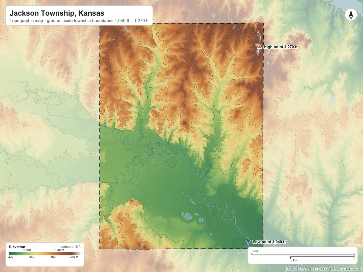 Topographic elevation map of Jackson Township, Kansas, shaded from 1,040 ft on the southeast side to 1,270 ft on the northeast side
