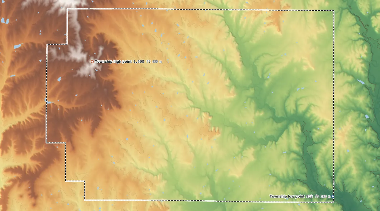 Topographic elevation map of Janesville Township, Kansas, shaded from 950 ft on the southeast side to 1,500 ft on the west side