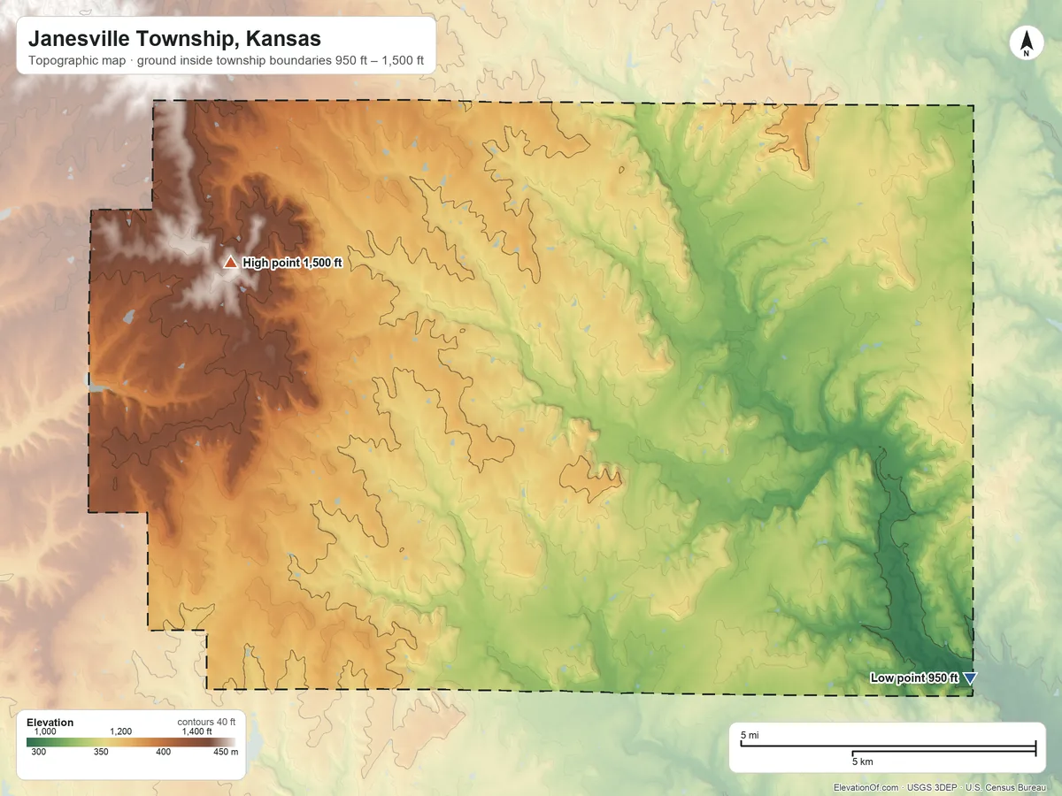 Topographic elevation map of Janesville Township, Kansas, shaded from 950 ft on the southeast side to 1,500 ft on the west side