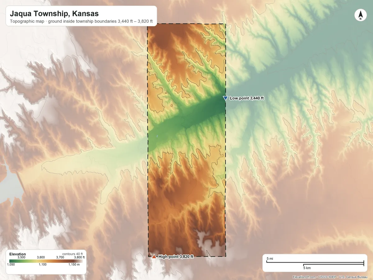 Topographic elevation map of Jaqua Township, Kansas, shaded from 3,440 ft near the middle to 3,820 ft on the south side