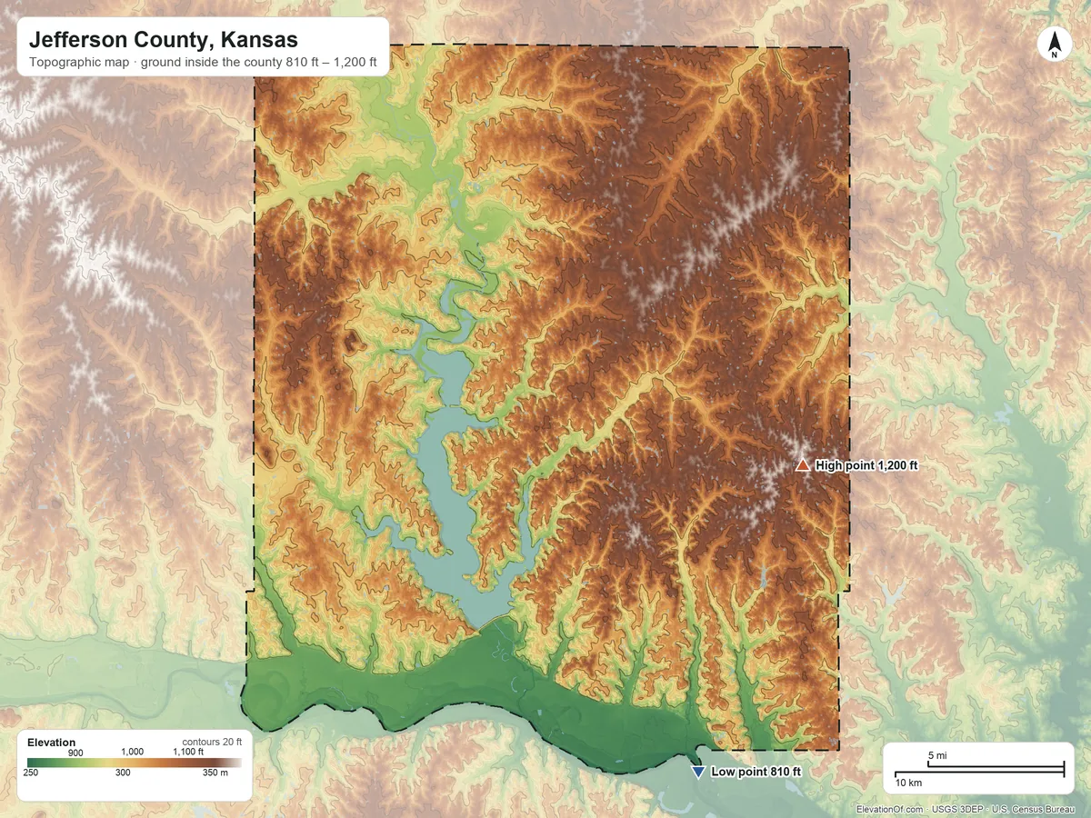 Topographic elevation map of Jefferson County, Kansas, shaded from 810 ft on the southeast side to 1,200 ft on the east side