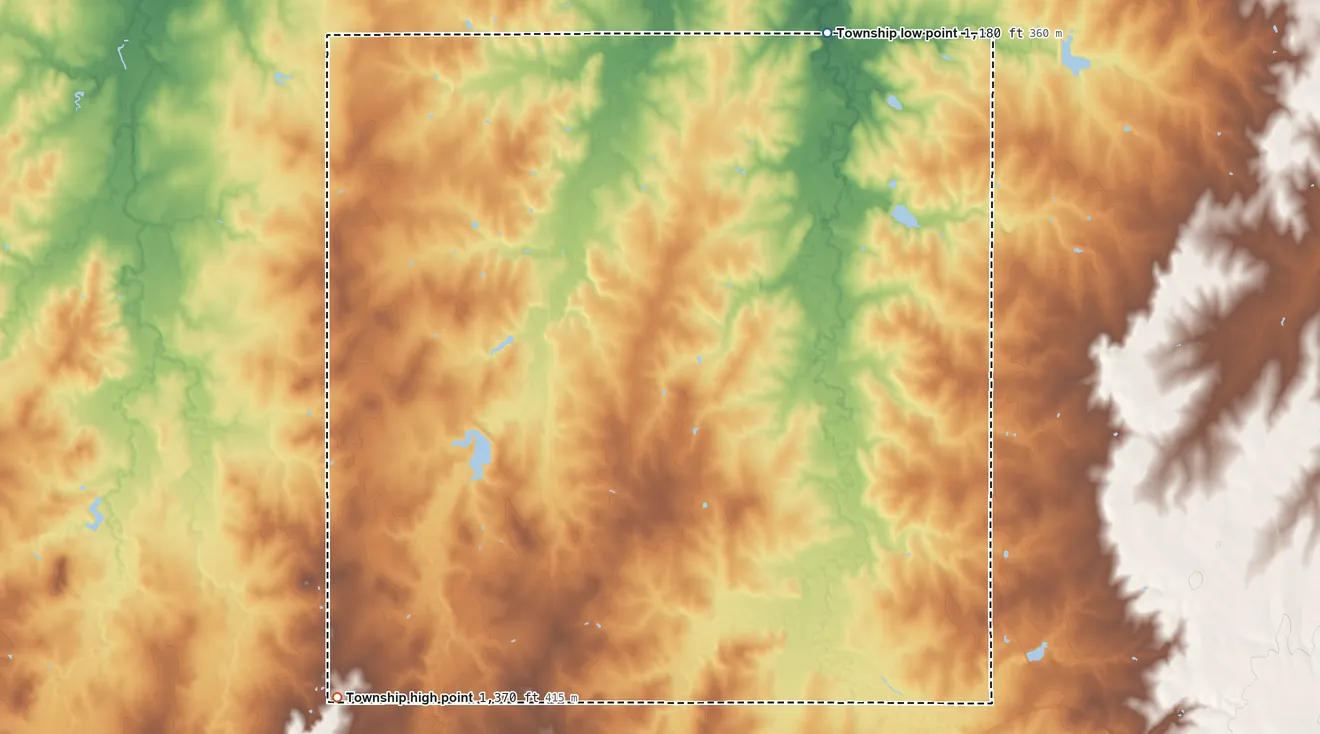 Topographic elevation map of Jefferson Township, Dickinson County, Kansas, shaded from 1,180 ft on the northeast side to 1,370 ft on the southwest side