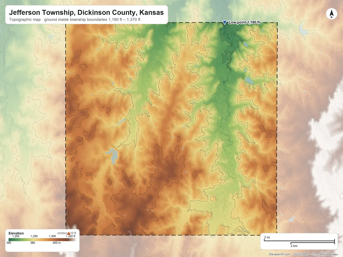 Topographic elevation map of Jefferson Township, Dickinson County, Kansas, shaded from 1,180 ft on the northeast side to 1,370 ft on the southwest side