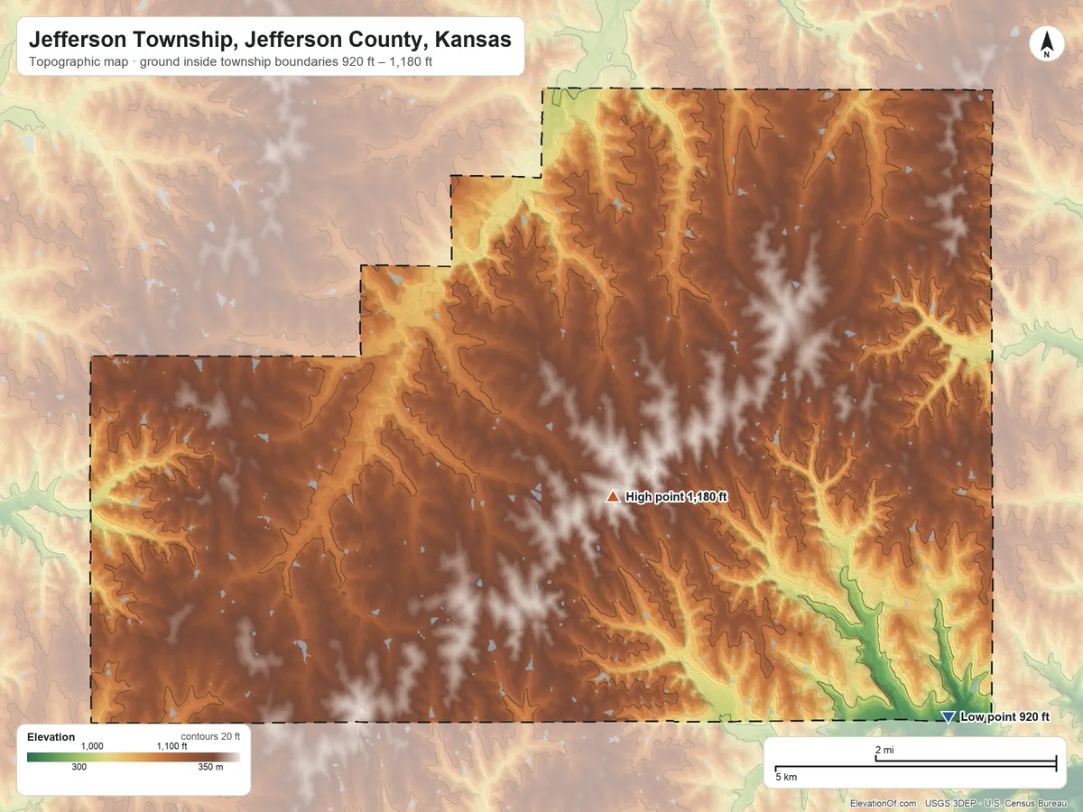 Topographic elevation map of Jefferson Township, Jefferson County, Kansas, shaded from 920 ft on the southeast side to 1,180 ft near the middle