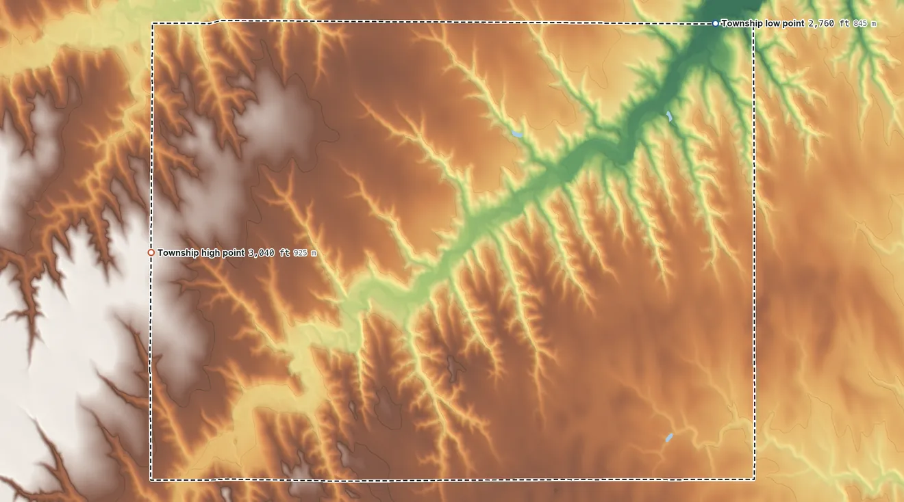 Topographic elevation map of Jefferson Township, Rawlins County, Kansas, shaded from 2,760 ft on the northeast side to 3,040 ft on the northwest side