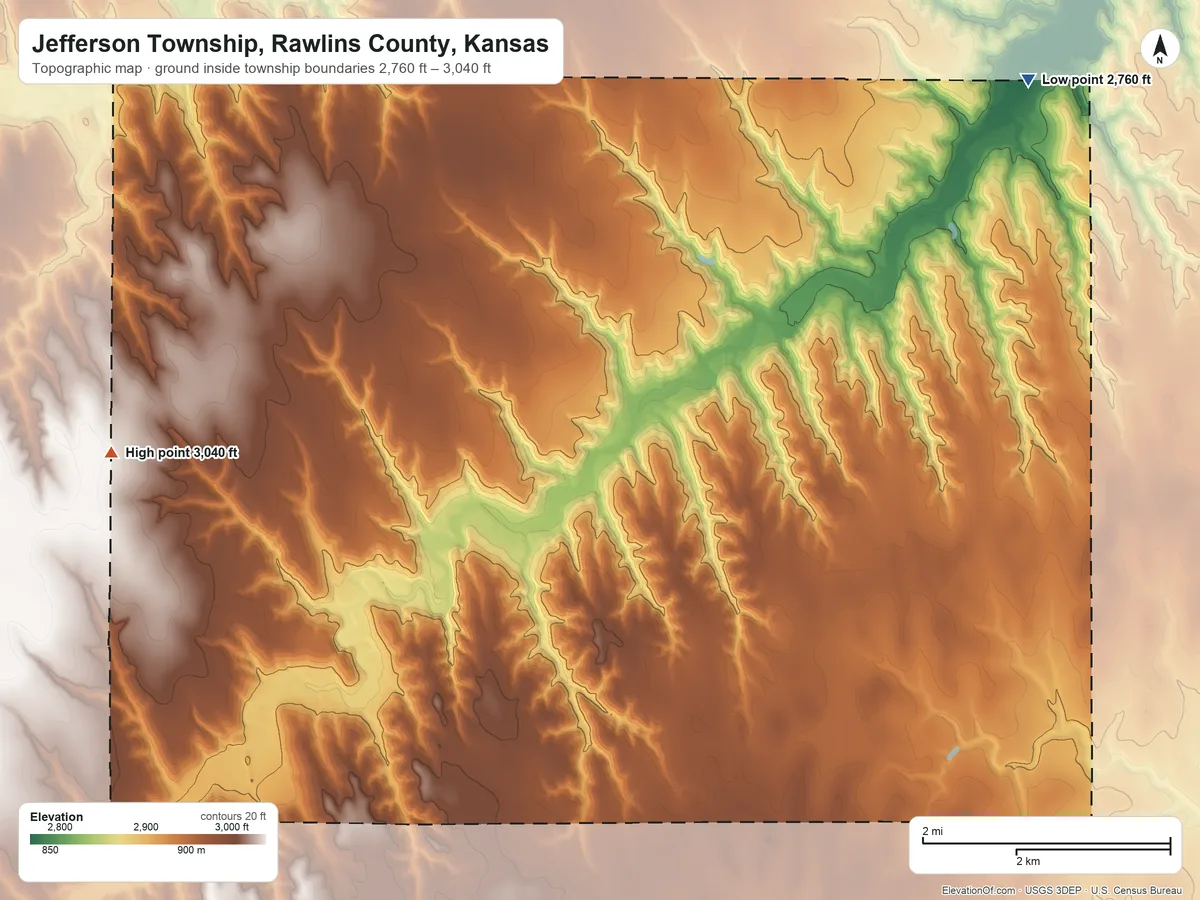 Topographic elevation map of Jefferson Township, Rawlins County, Kansas, shaded from 2,760 ft on the northeast side to 3,040 ft on the northwest side