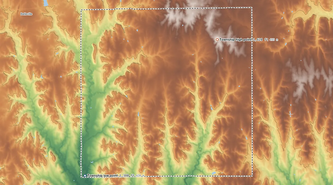 Topographic elevation map of Jefferson Township, Republic County, Kansas, shaded from 1,380 ft on the southwest side to 1,620 ft on the northeast side