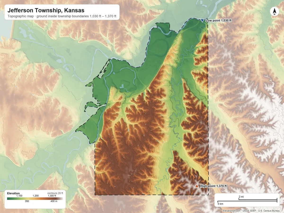 Topographic elevation map of Jefferson Township, Kansas, shaded from 1,030 ft on the northeast side to 1,370 ft on the southeast side