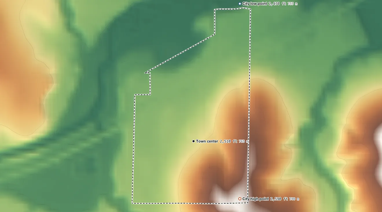 Topographic elevation map of Jennings, Kansas, shaded from 2,470 ft on the north side to 2,590 ft on the southeast side