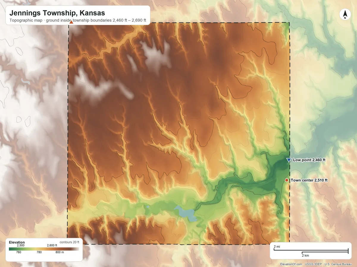 Topographic elevation map of Jennings Township, Kansas, shaded from 2,460 ft near the middle to 2,690 ft on the northwest side