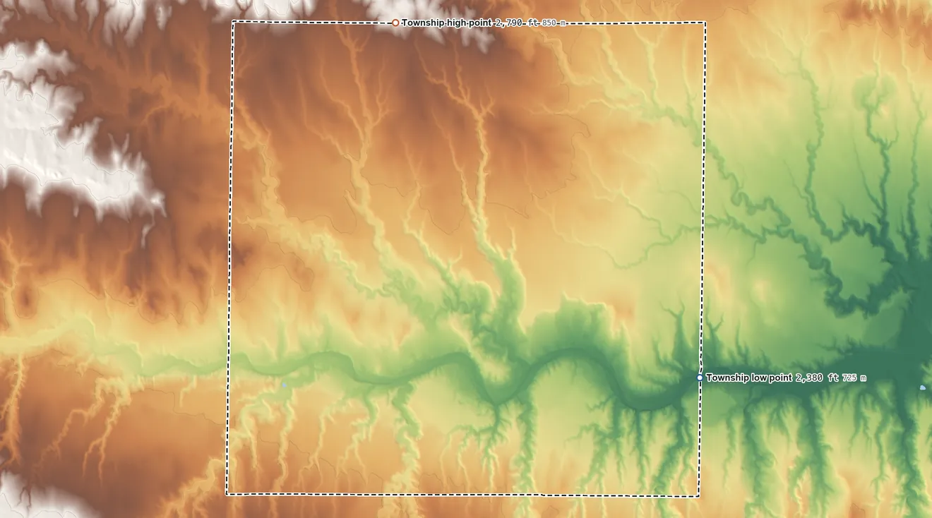 Topographic elevation map of Jerome Township, Kansas, shaded from 2,380 ft on the southeast side to 2,790 ft on the north side