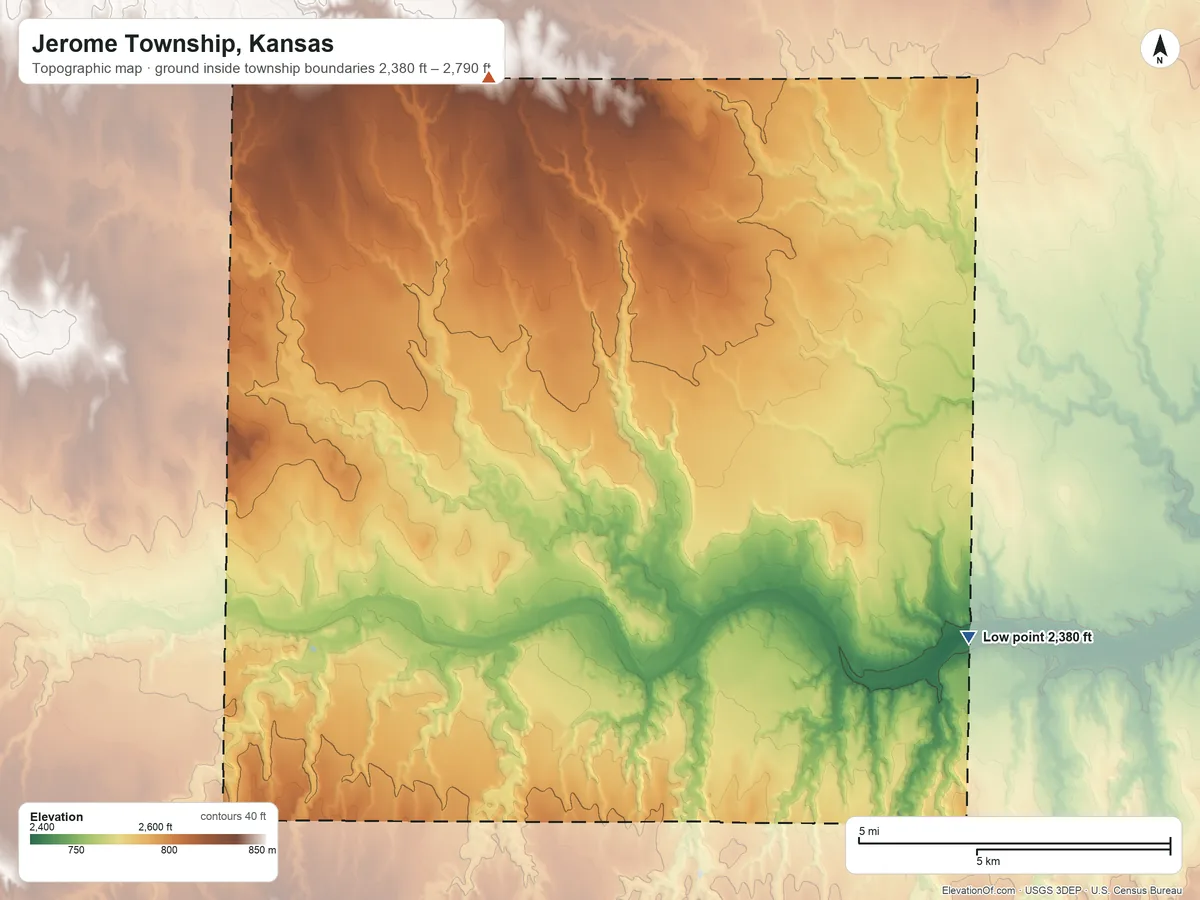 Topographic elevation map of Jerome Township, Kansas, shaded from 2,380 ft on the southeast side to 2,790 ft on the north side
