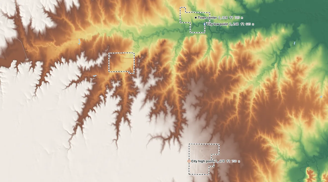 Topographic elevation map of Jetmore, Kansas, shaded from 2,240 ft near the middle to 2,470 ft on the south side