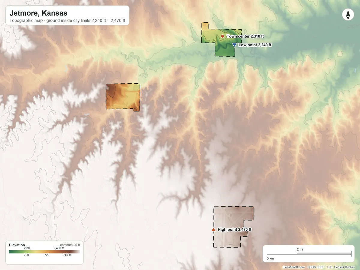Topographic elevation map of Jetmore, Kansas, shaded from 2,240 ft near the middle to 2,470 ft on the south side