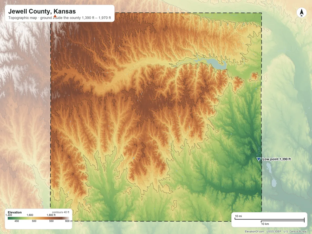 Topographic elevation map of Jewell County, Kansas, shaded from 1,390 ft on the east side to 1,970 ft on the northwest side