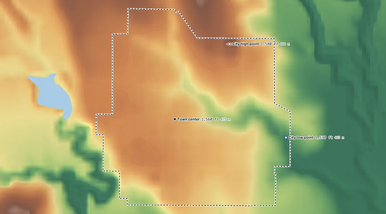 Topographic elevation map of Jewell, Kansas, shaded from 1,530 ft on the east side to 1,580 ft on the northeast side
