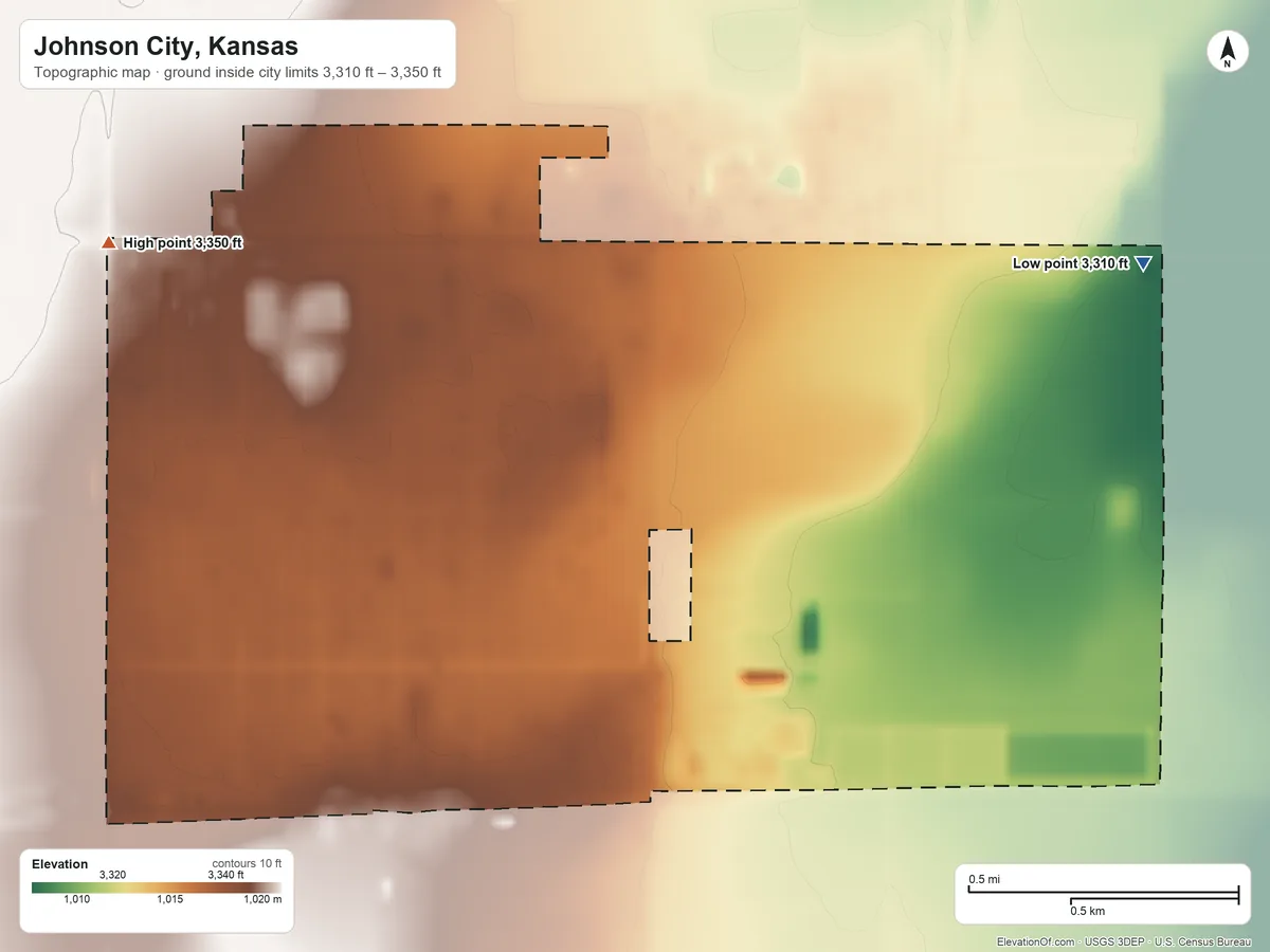 Topographic elevation map of Johnson City, Kansas, shaded from 3,310 ft on the east side to 3,350 ft on the northwest side