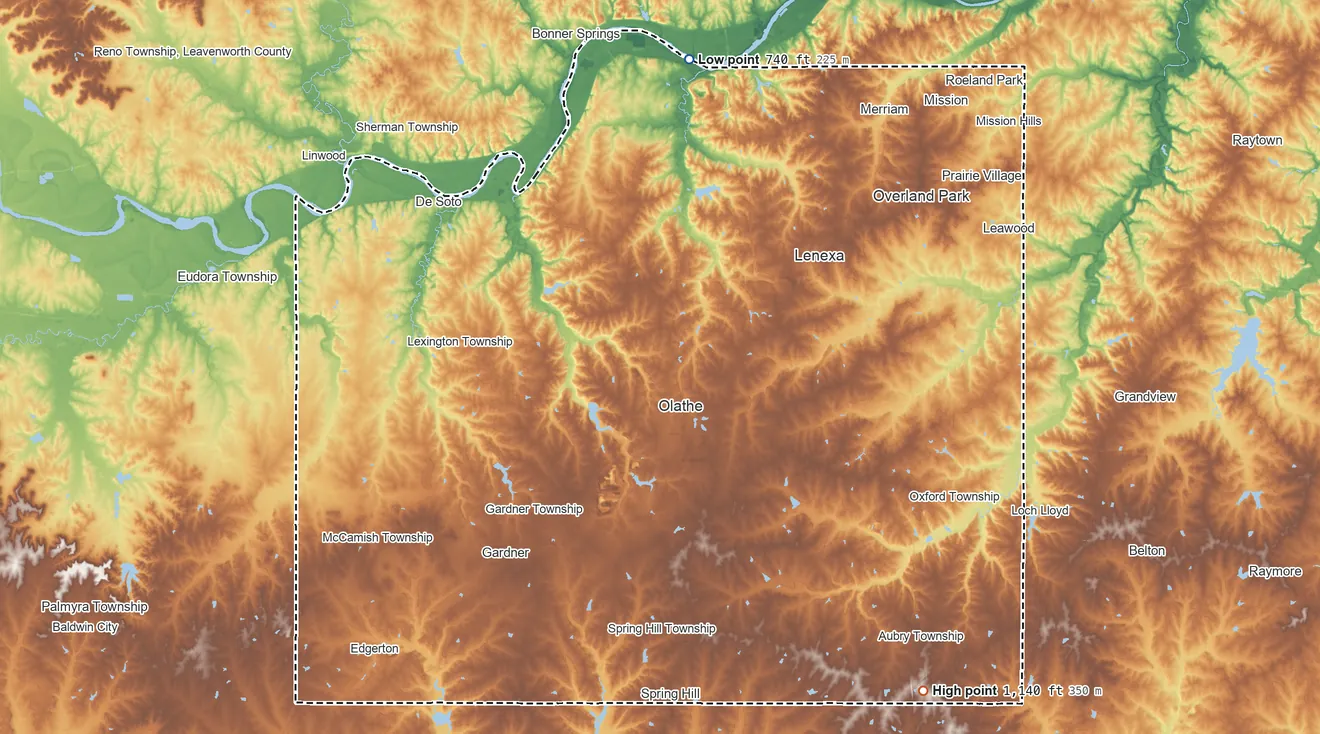 Topographic elevation map of Johnson County, Kansas, shaded from 740 ft on the north side to 1,140 ft on the southeast side