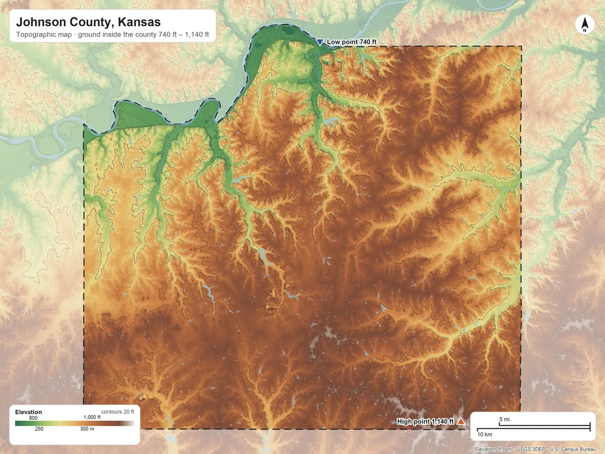 Topographic elevation map of Johnson County, Kansas, shaded from 740 ft on the north side to 1,140 ft on the southeast side