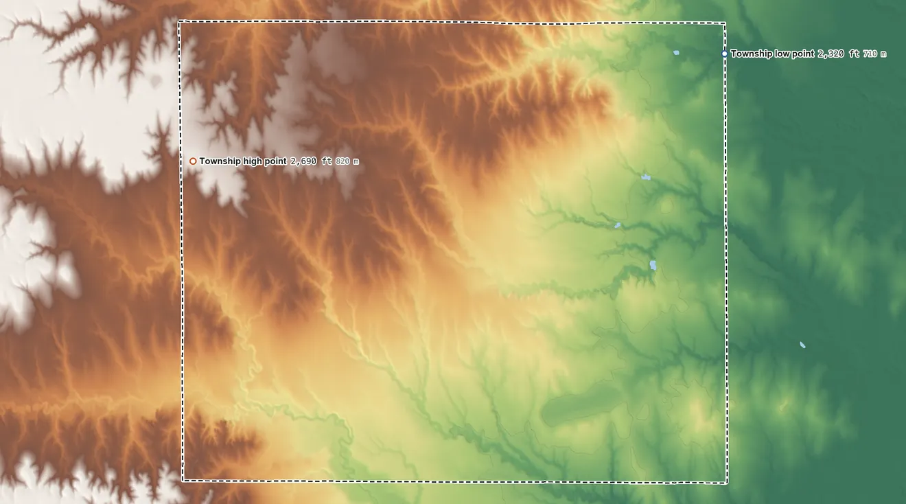 Topographic elevation map of Johnson Township, Kansas, shaded from 2,320 ft on the east side to 2,690 ft on the west side