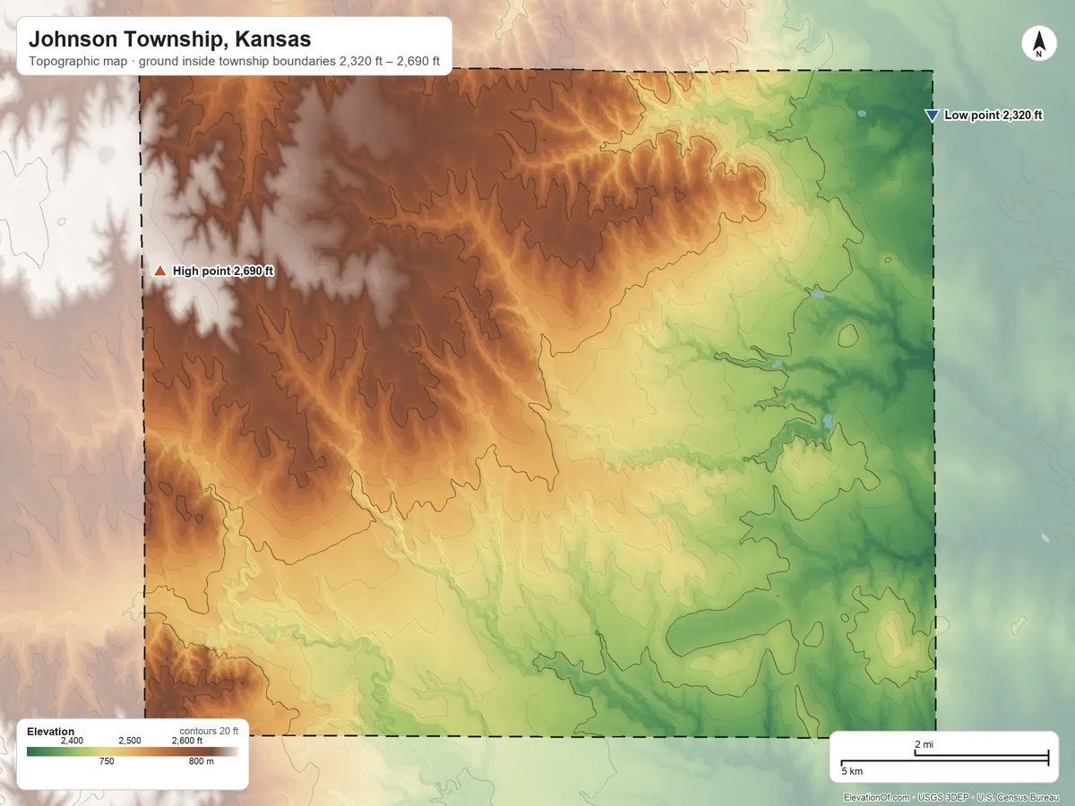 Topographic elevation map of Johnson Township, Kansas, shaded from 2,320 ft on the east side to 2,690 ft on the west side