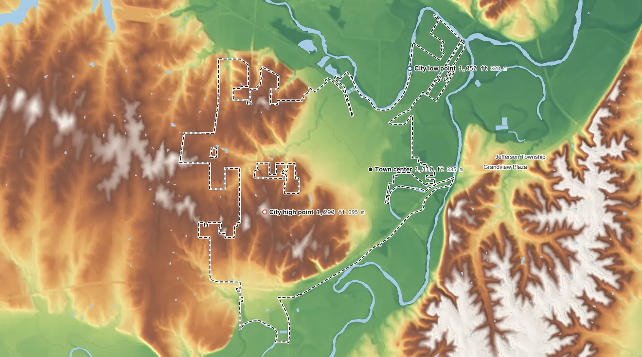 Topographic elevation map of Junction City, Kansas, shaded from 1,050 ft on the north side to 1,290 ft on the west side